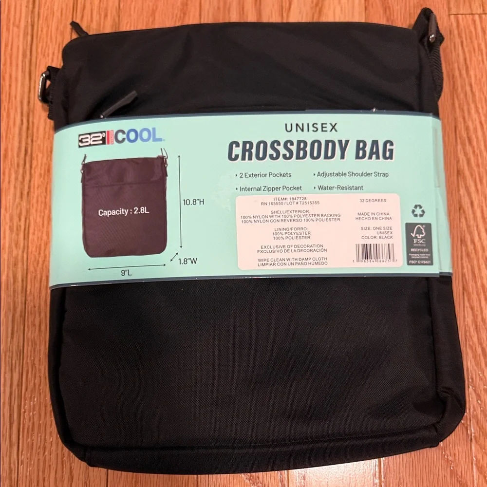 32 Degrees Cool Unisex Black Crossbody Bag Adjustable Strap Water Resistant